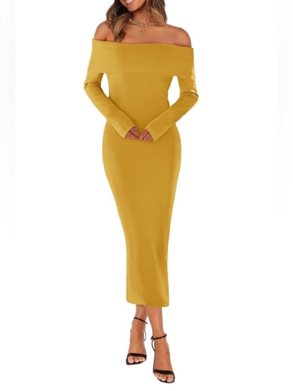 MEROKEETY Women’s Size XL Off-Shoulder Yellow Long Sleeve Midi Sweater Dress